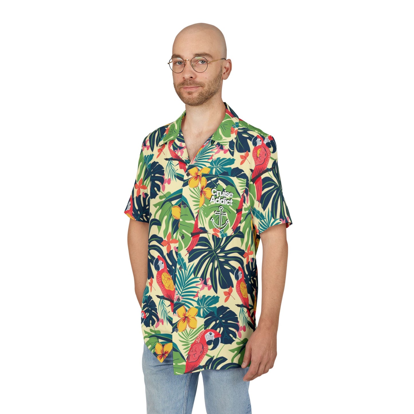 Tropical Parrot Paradise Hawaiian Cruise Shirt – Bold Macaw & Hibiscus Print with Cruise Addict Logo