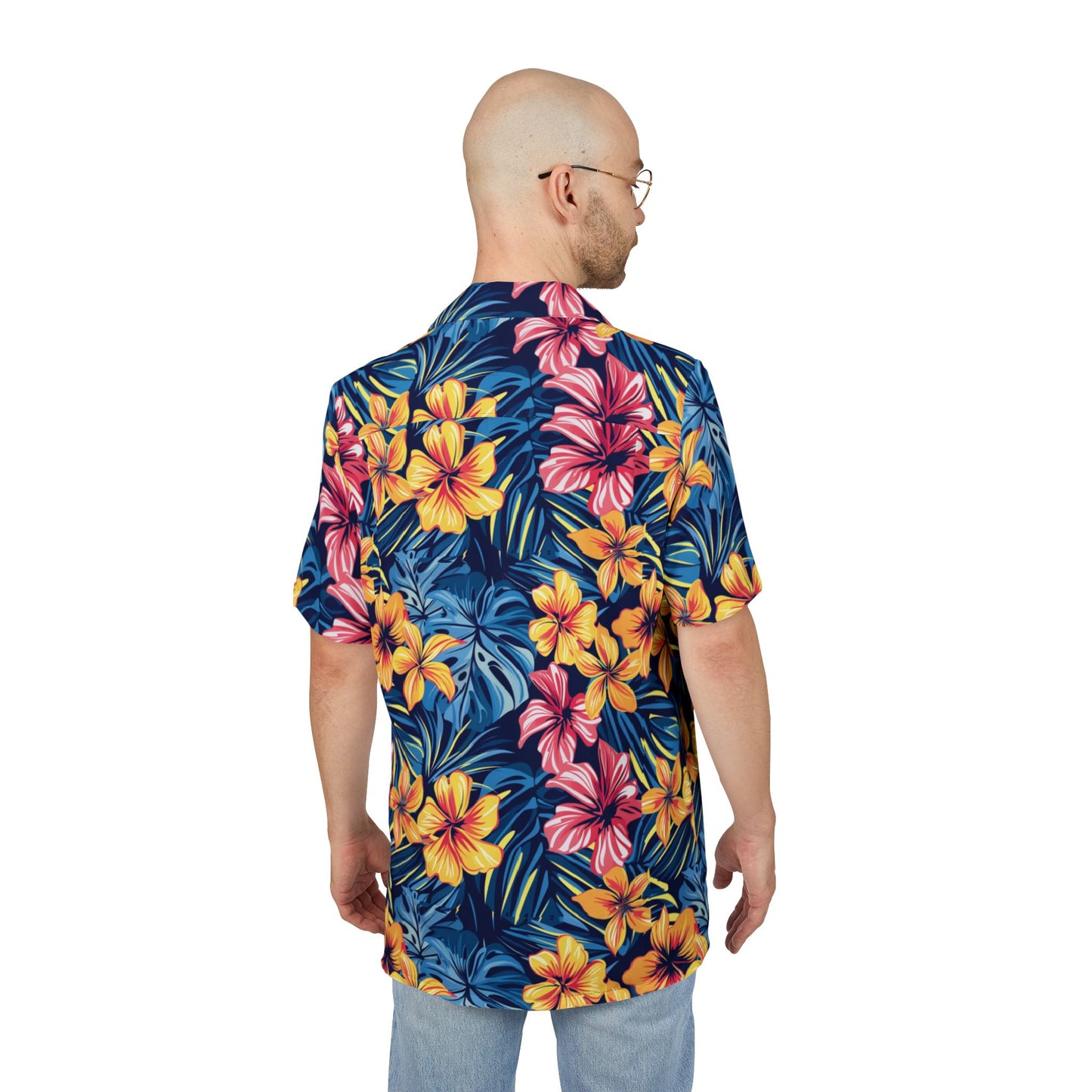 Paradise Blooms Unisex Hawaiian Cruise Shirt – Bold Hibiscus & Palm Print with Cruise Addict Pocket Logo