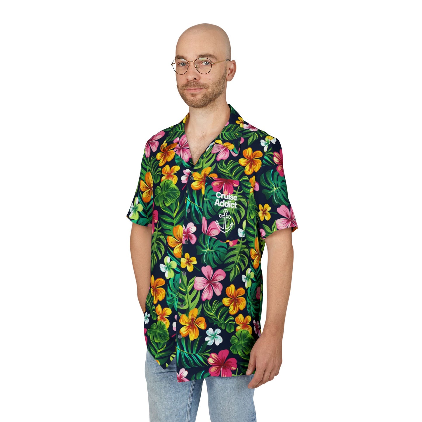 Midnight Tropics Cruise Addict Hawaiian Shirt – Vibrant Hibiscus & Palm Print Unisex Button-Down