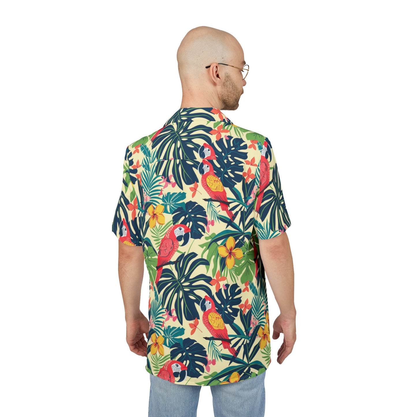 Tropical Parrot Paradise Hawaiian Cruise Shirt – Bold Macaw & Hibiscus Print with Cruise Addict Logo