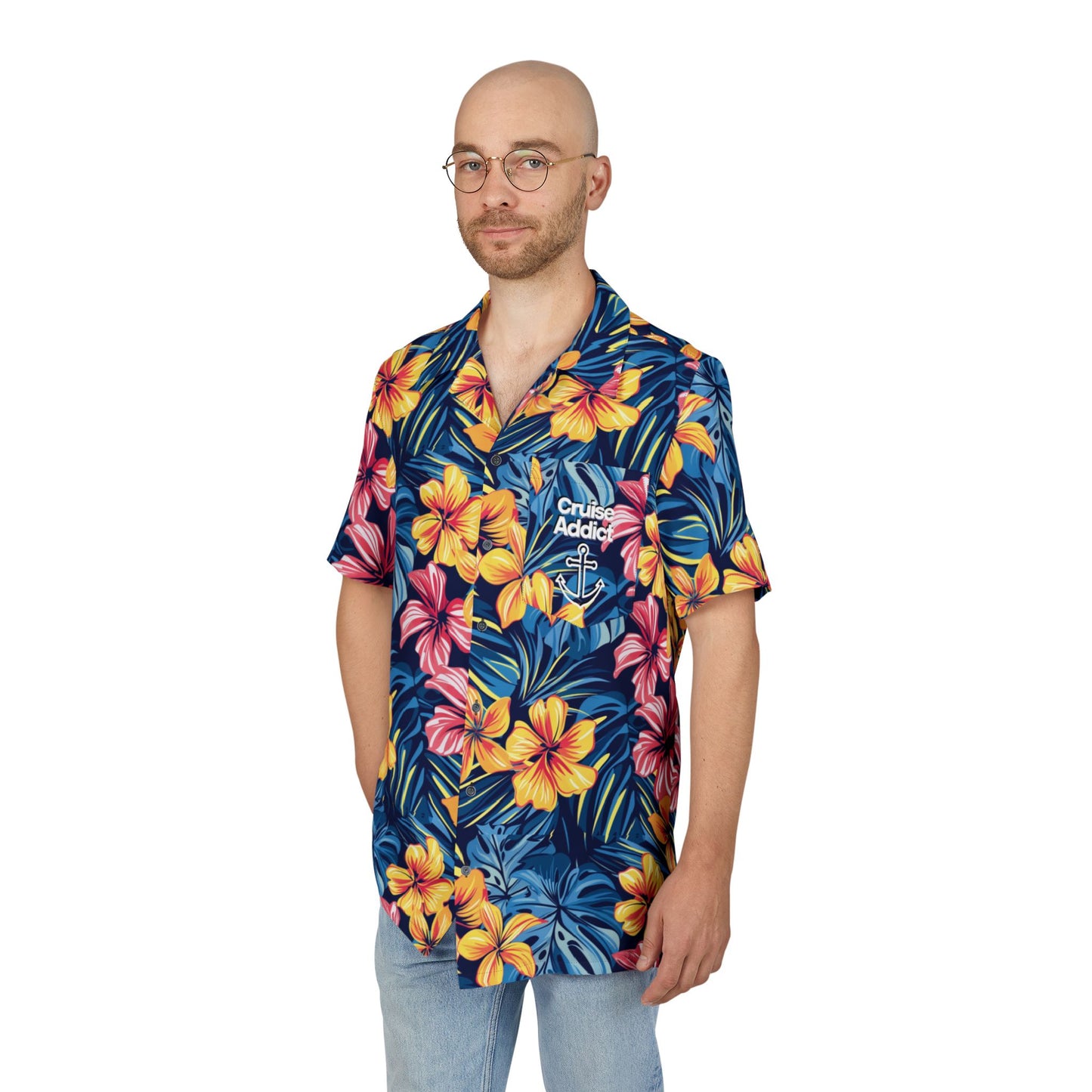 Paradise Blooms Unisex Hawaiian Cruise Shirt – Bold Hibiscus & Palm Print with Cruise Addict Pocket Logo