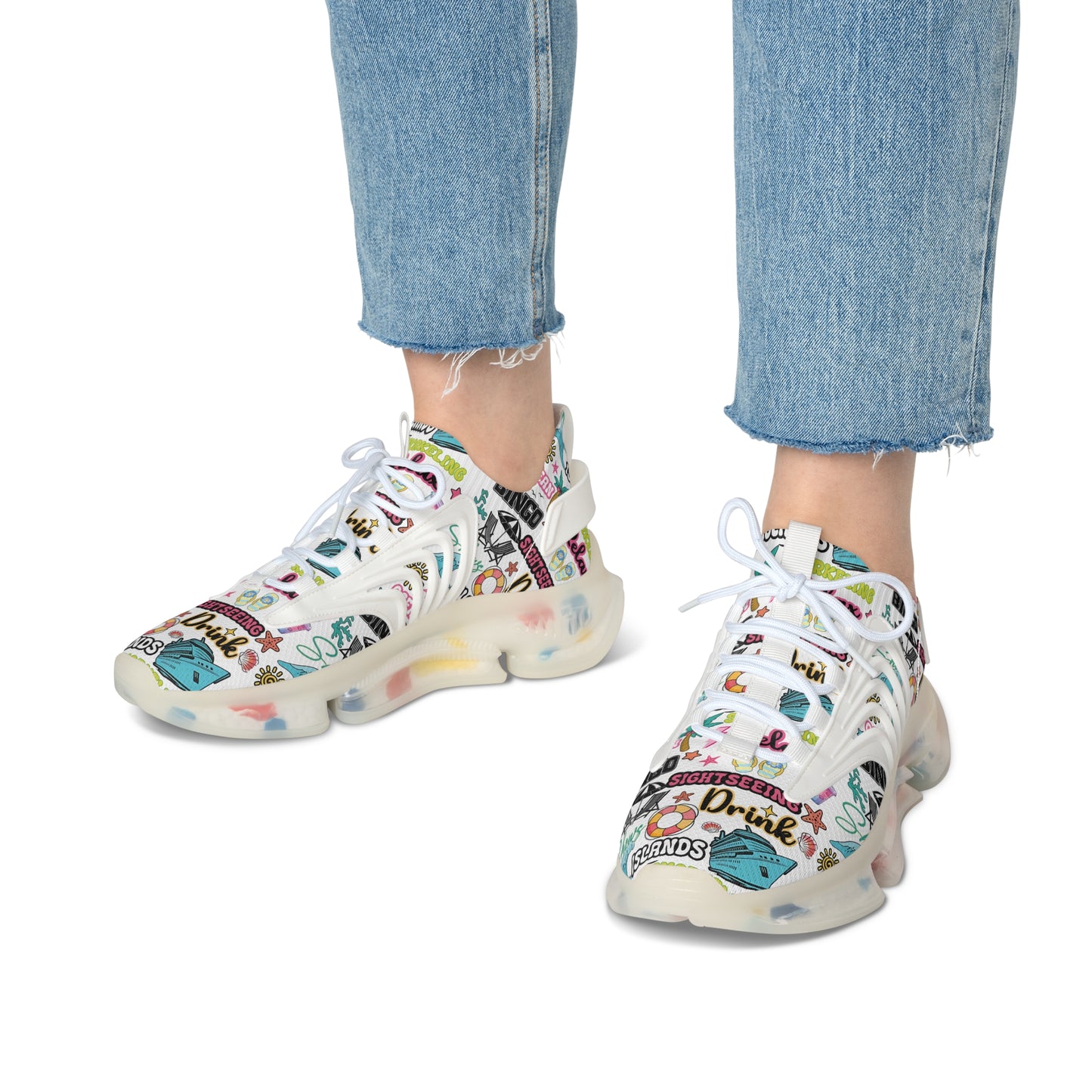 Cruise Addict Island Vibes Women's Mesh Sneakers – Tropical Cruise Shoes, Breathable Comfort, Colorful Vacation Footwear