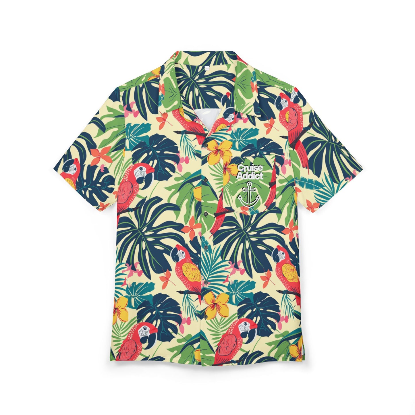 Tropical Parrot Paradise Hawaiian Cruise Shirt – Bold Macaw & Hibiscus Print with Cruise Addict Logo