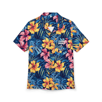 Paradise Blooms Unisex Hawaiian Cruise Shirt – Bold Hibiscus & Palm Print with Cruise Addict Pocket Logo