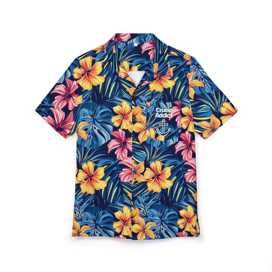 Paradise Blooms Unisex Hawaiian Cruise Shirt – Bold Hibiscus & Palm Print with Cruise Addict Pocket Logo