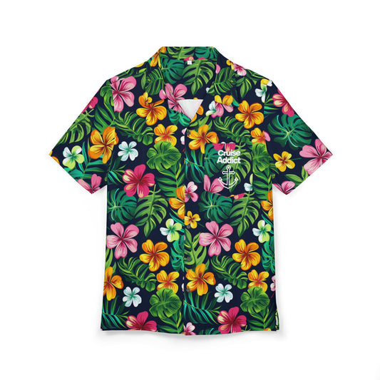 Midnight Tropics Cruise Addict Hawaiian Shirt – Vibrant Hibiscus & Palm Print Unisex Button-Down