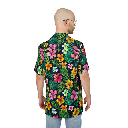 Midnight Tropics Cruise Addict Hawaiian Shirt – Vibrant Hibiscus & Palm Print Unisex Button-Down